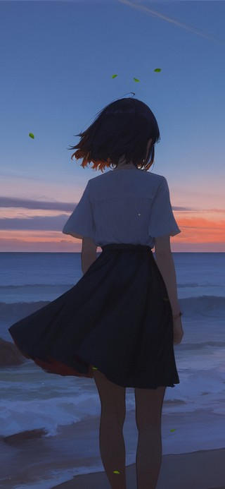 唯美夕阳海景孤独感少女