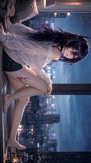 雨夜窗边紫发动漫美少女
