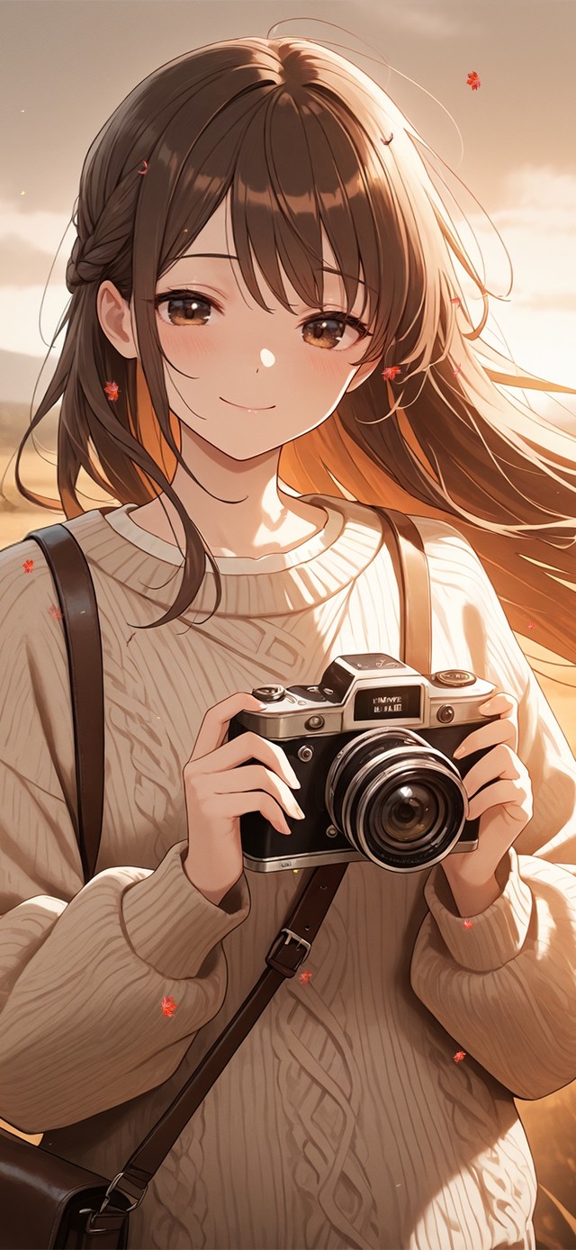 唯美秋日黄昏拍照少女