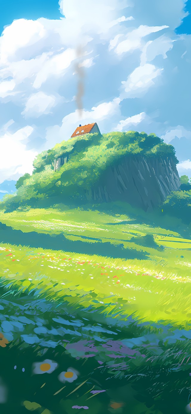 蓝天白云草地小屋