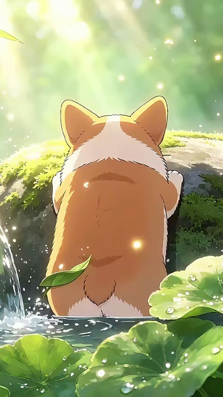 竹林流水纳凉的呆萌柯基