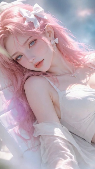 夏日泳池边的粉发少女