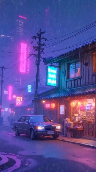 霓虹雨夜街角小店