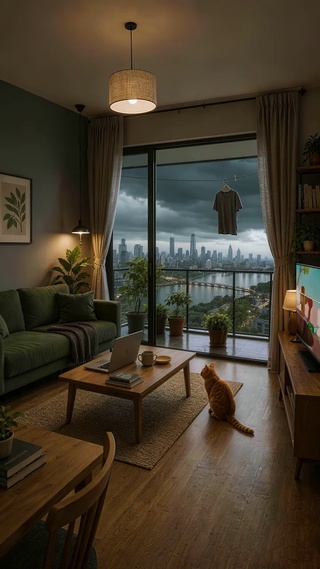暴风雨中房间里的猫咪