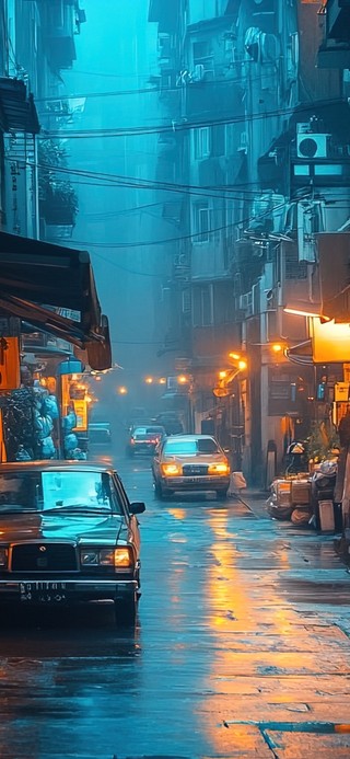 雨夜蓝调城市街景