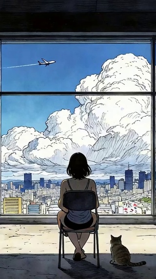 女孩与猫咪望着天空