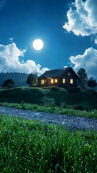 夜景树木房屋