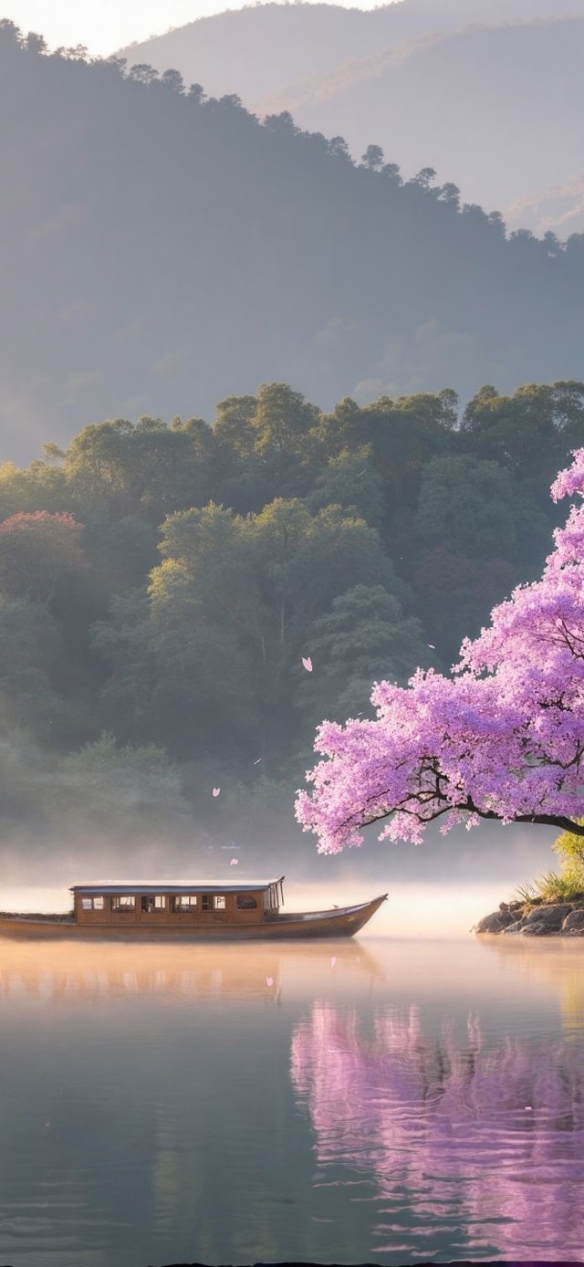 门前的樱花湖景