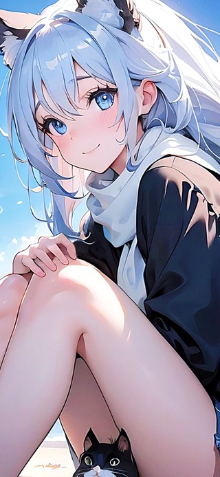 和宠物猫看海的少女