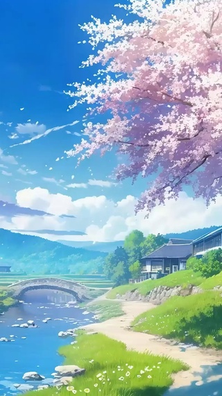 蓝天白云樱花树木河流