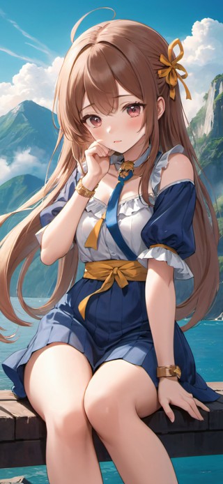 湖边害羞少女