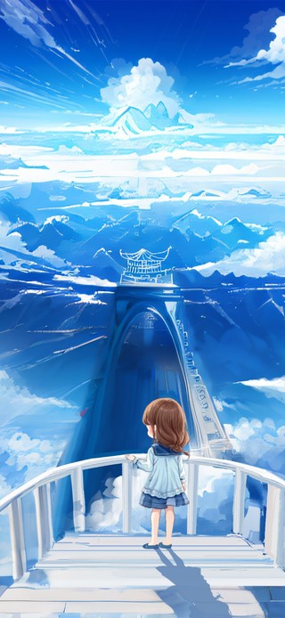 天空之城桥头俯瞰陆地的小女孩