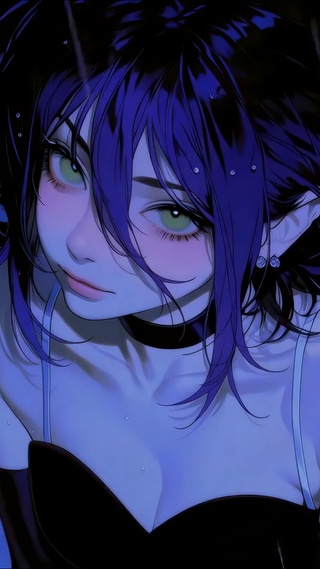 雨夜蓝发二次元美少女