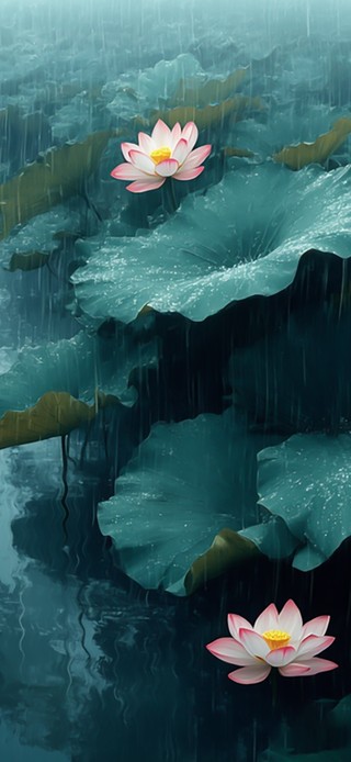 下雨荷塘小船