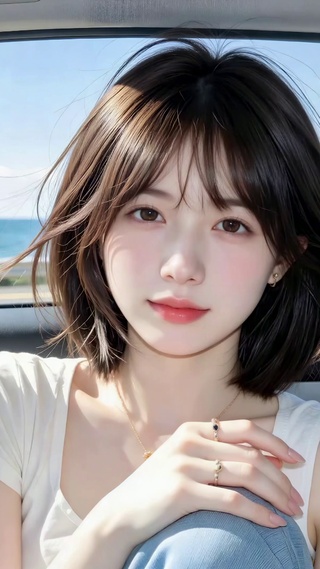 海边车中清纯短发美女