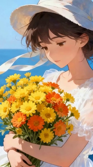 海边拿鲜花女孩
