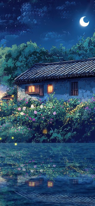 溪边傍晚小屋