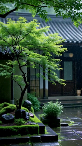 雨中静谧古风庭院