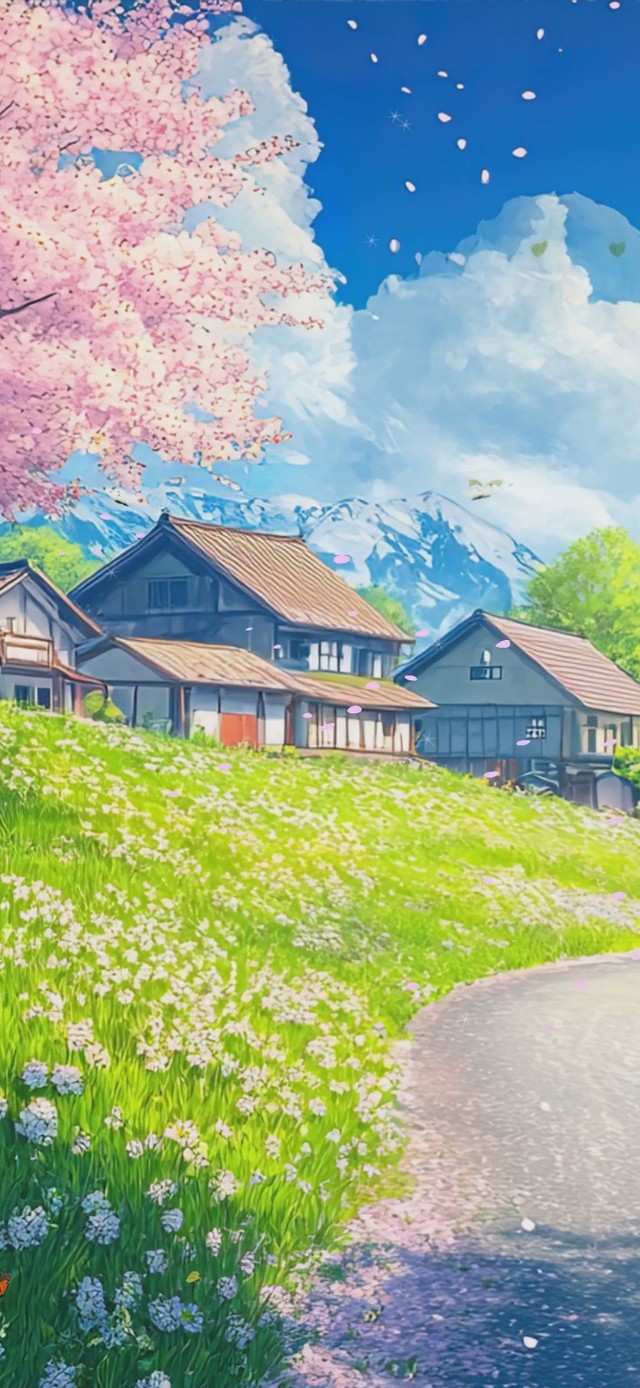 护眼蓝天白云树木樱花