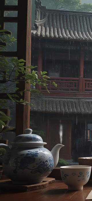 雨中窗边品茶