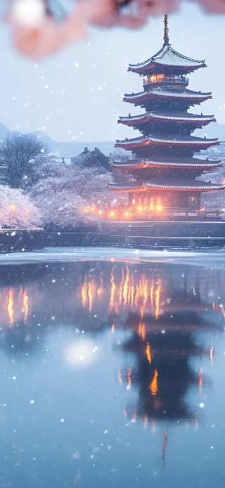 雪樱塔影