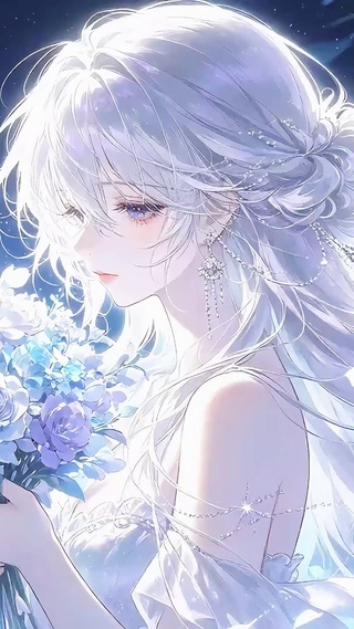 捧花白发少女