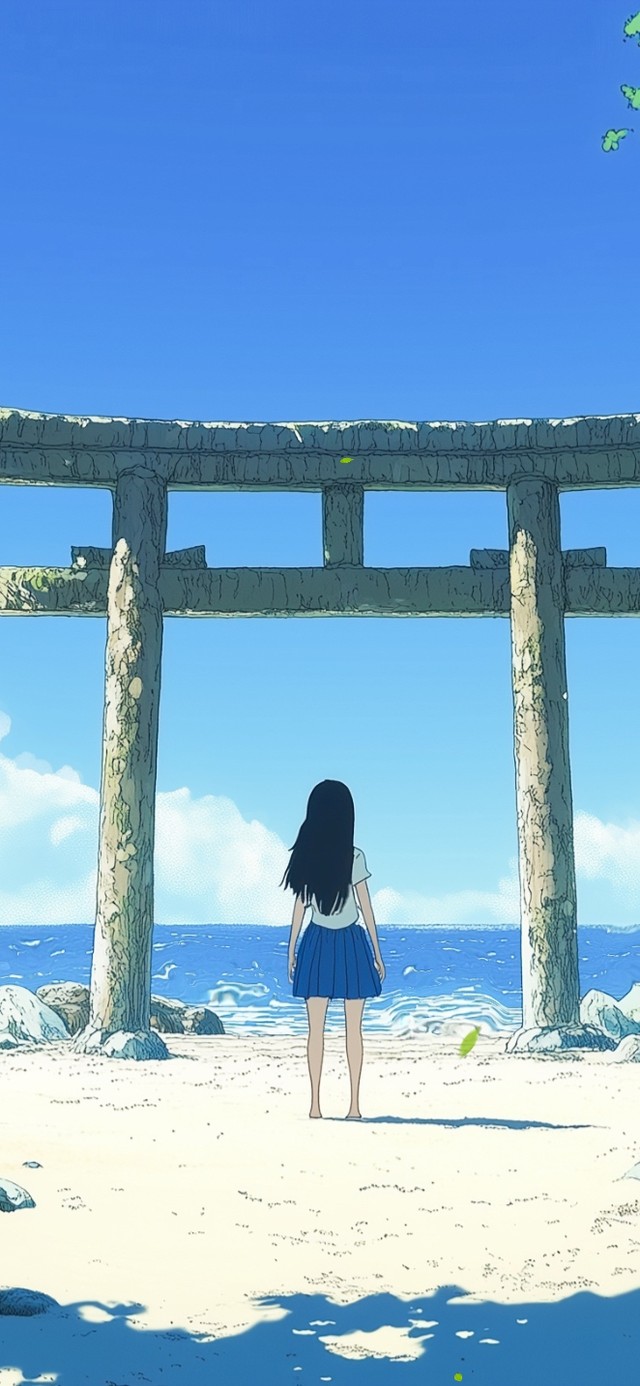 海边鸟居与少女