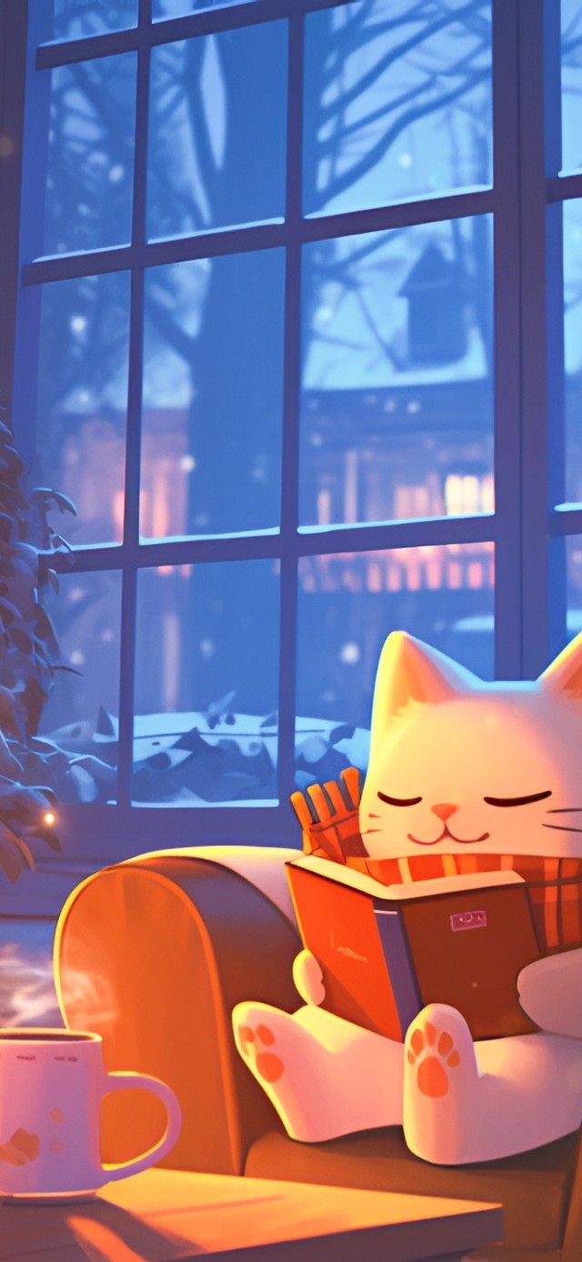 温暖壁炉边看书猫咪