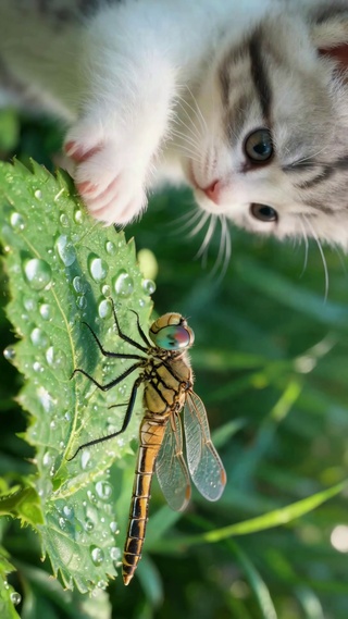 清新草丛萌猫遇蜻蜓