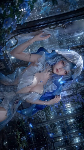 蓝雨窗边蓝发二次元美少女