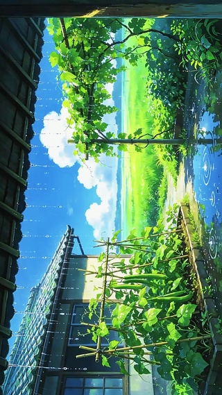 后院雨中的葡萄架和丝瓜架
