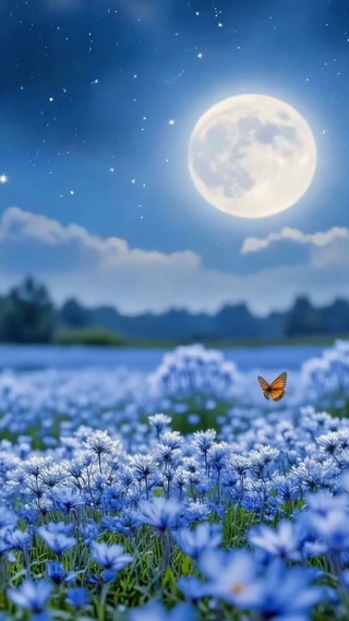 满月下的蓝色花田