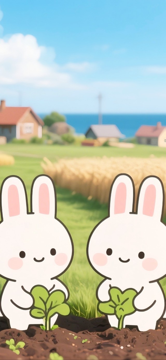 海边村庄菜园里拔萝卜的小萌兔