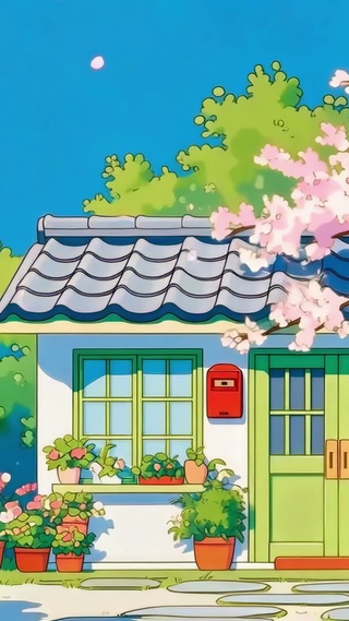 春日晴空下的绿门小屋