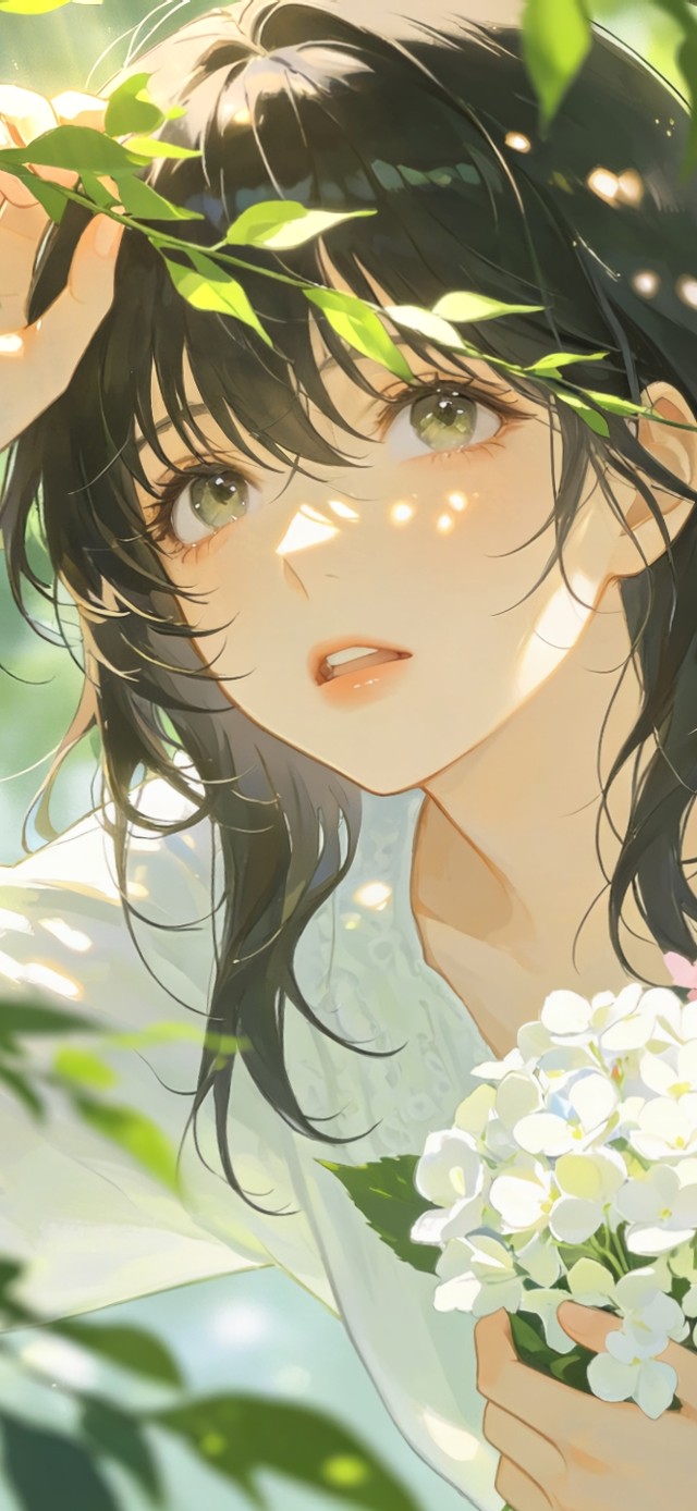 花漾壁纸|花下捧花的少女