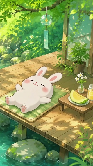 夏日溪边治愈可爱小兔