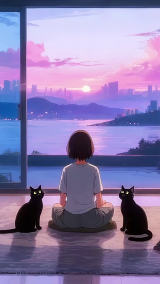城市落日与猫