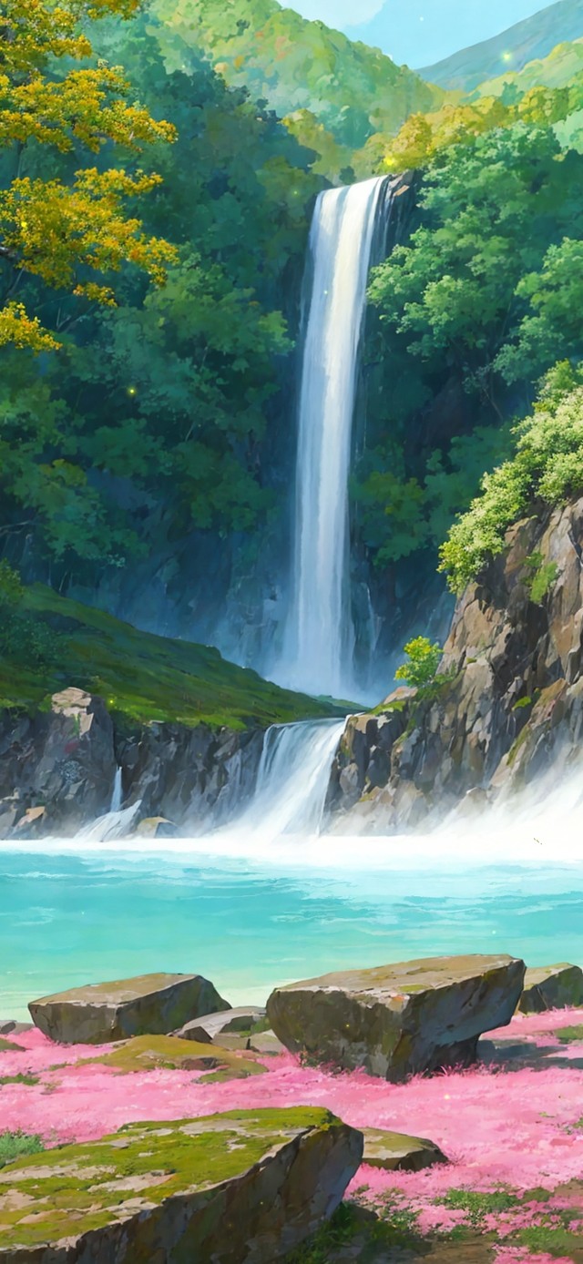 4k治愈护眼绿林瀑布