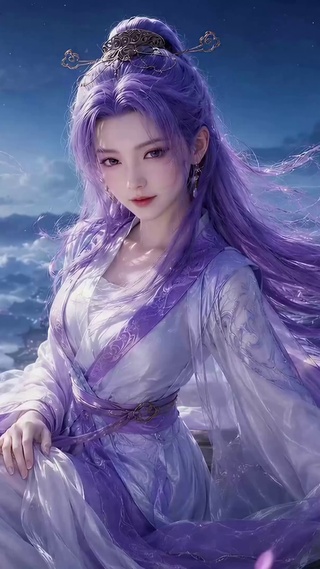 紫发古风女神月夜观景