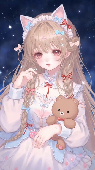 星夜萌猫抱熊少女