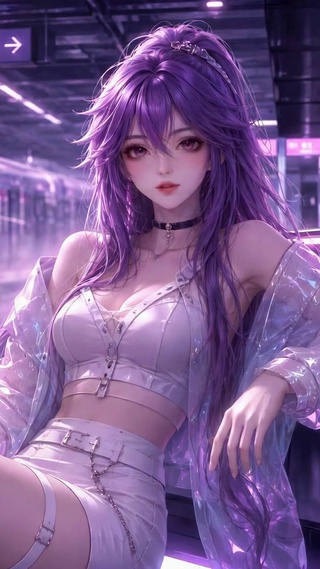 紫发赛博朋克地铁站美少女