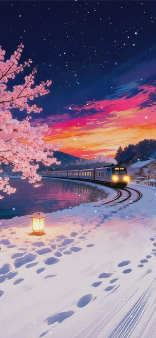 夜晚雪景樱花火车树木