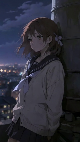 月夜天台的水手服少女
