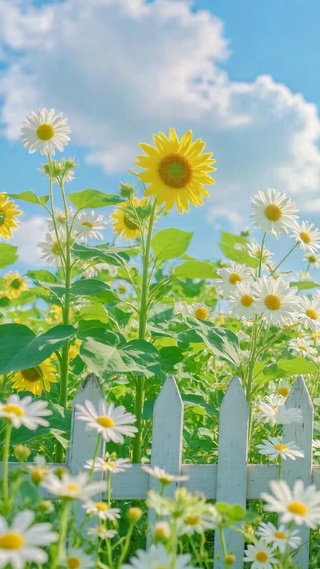 清新夏日雏菊向日葵花田