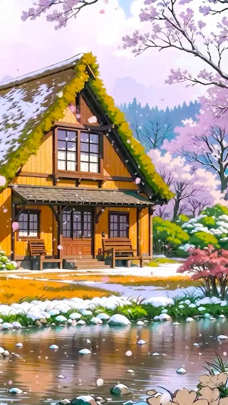 山间树林雪天小屋