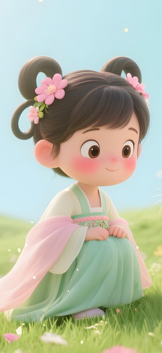 鲜花草地女孩逗猫