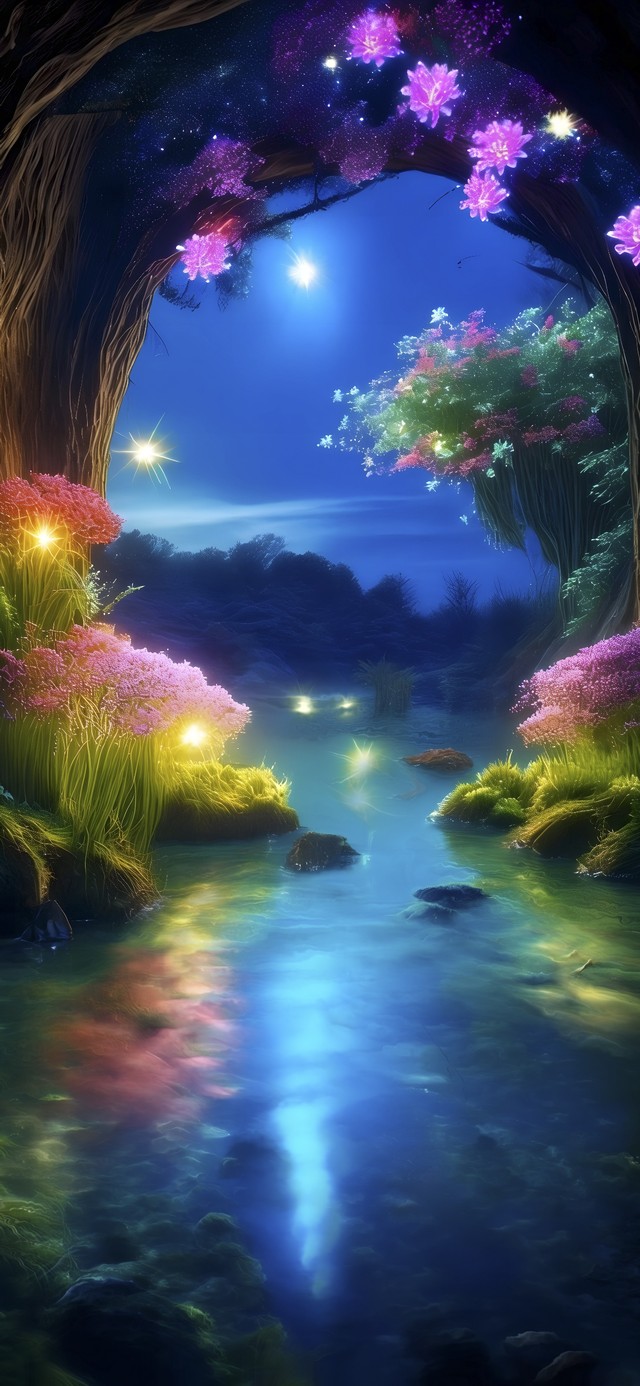 梦幻唯美山洞水月洞天夜晚溶洞