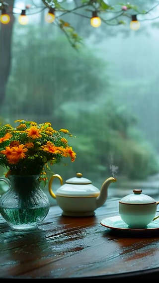 春雨天木屋品茶 