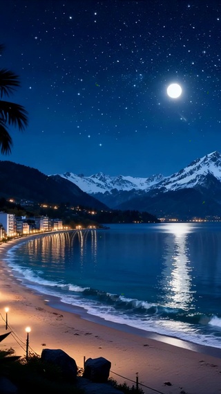 夜景海景树木房屋