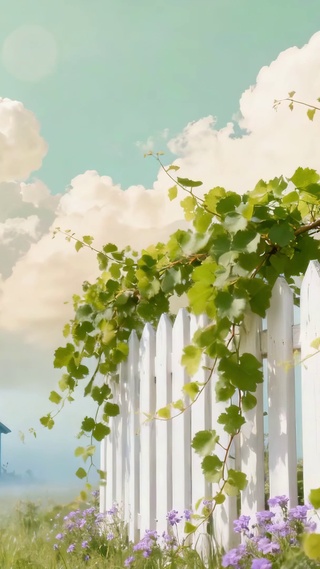 郊外蓝天白云草地小屋藤曼花朵